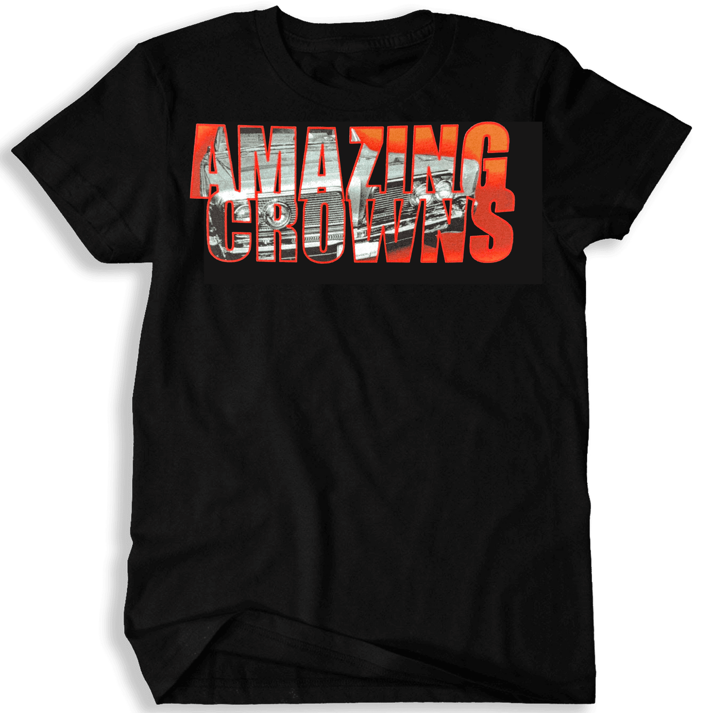 Black t-shirt with 'AMAZING CROWNS' text in red and white super imposed over aa GTO on a black background