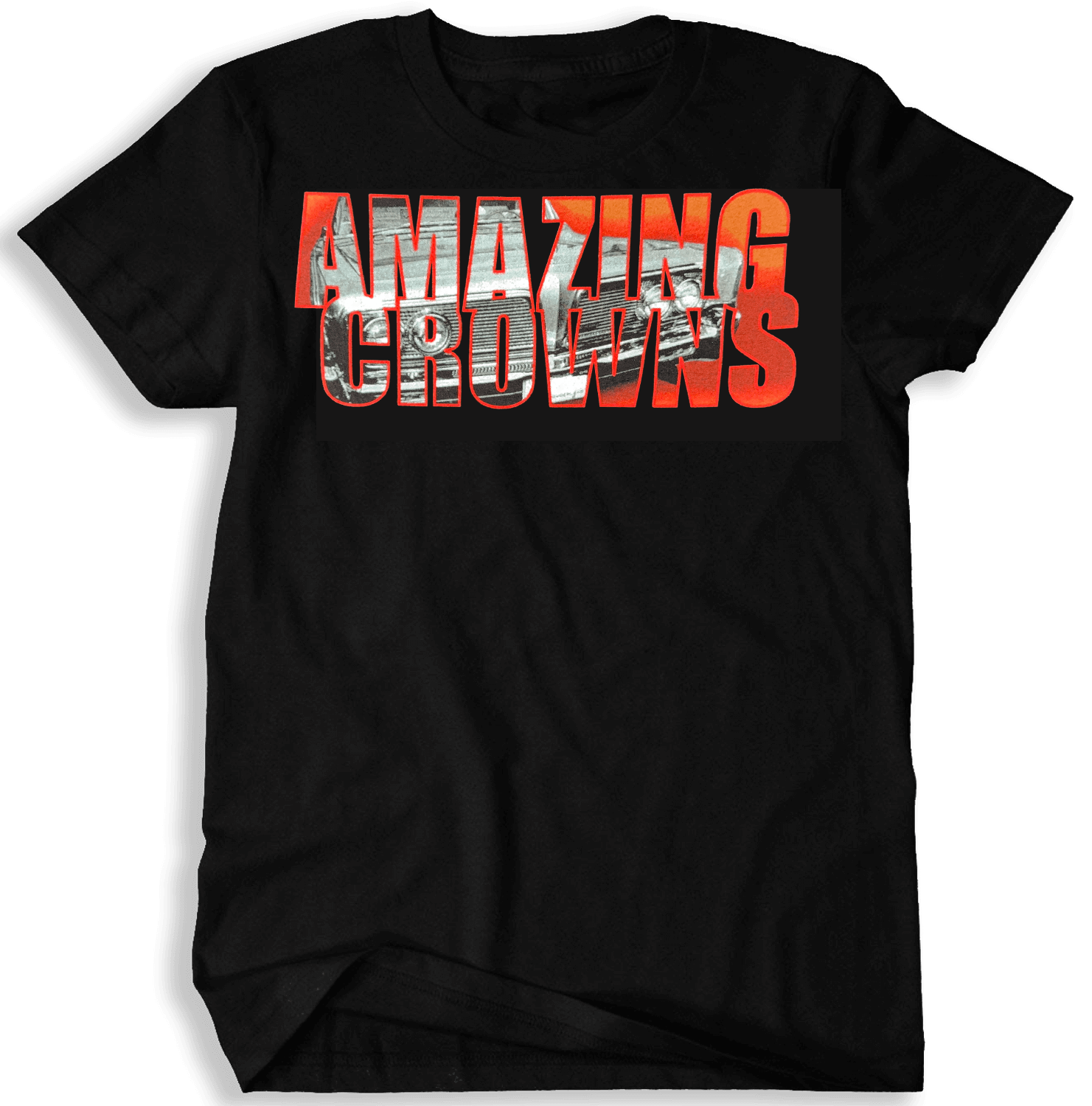 Black t-shirt with 'AMAZING CROWNS' text in red and white super imposed over aa GTO on a black background