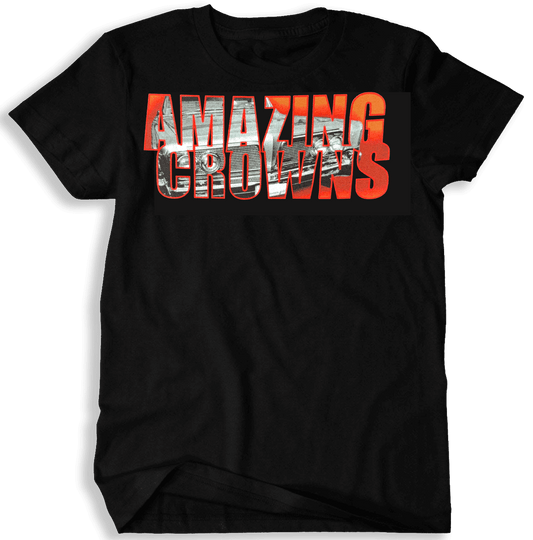 Black t-shirt with 'AMAZING CROWNS' text in red and white super imposed over aa GTO on a black background