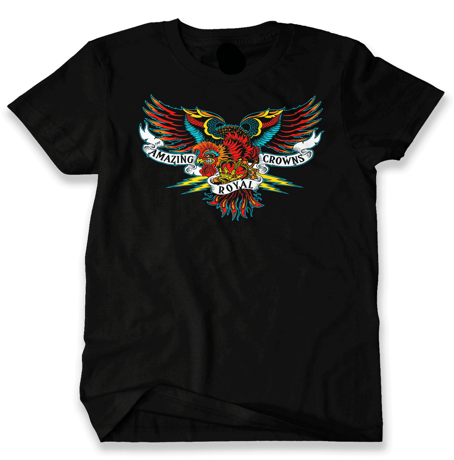 A black short-sleeved t-shirt with a colorful graphic of a rooster and the text 'AMAZING ROYAL CROWNS' on the front.