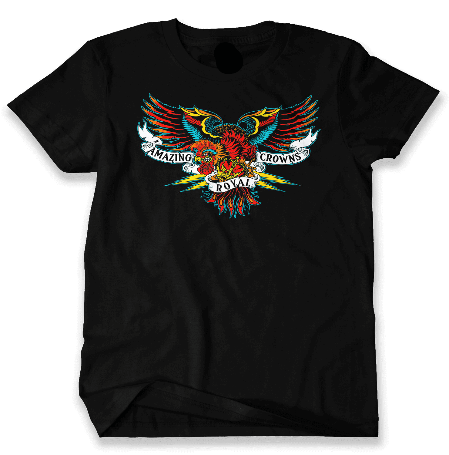 A black short-sleeved t-shirt with a colorful graphic of a rooster and the text 'AMAZING ROYAL CROWNS' on the front.