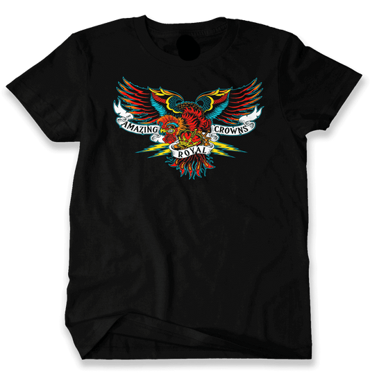 A black short-sleeved t-shirt with a colorful graphic of a rooster and the text 'AMAZING ROYAL CROWNS' on the front.