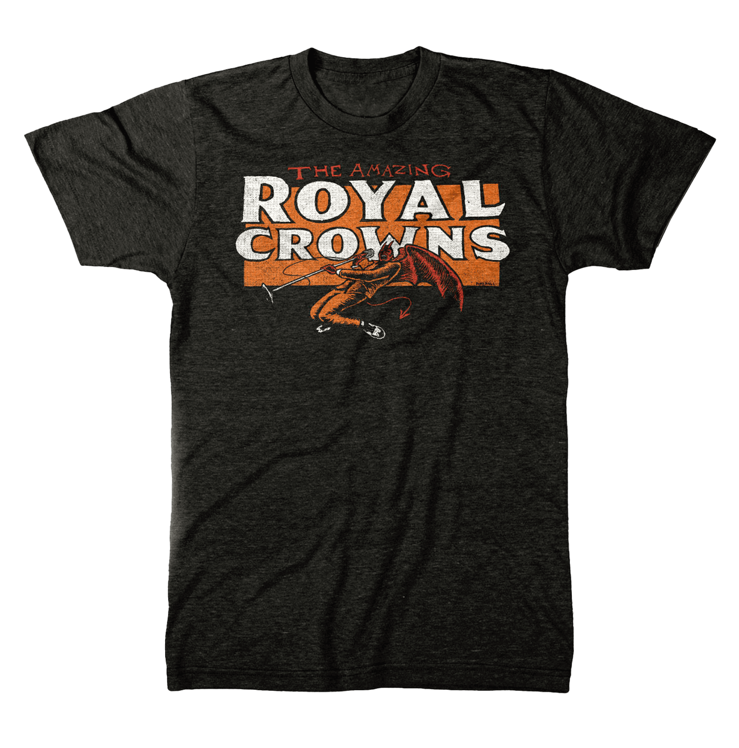 Black t-shirt with 'The Amazing Royal Crowns' singing devil graphic design on a black background