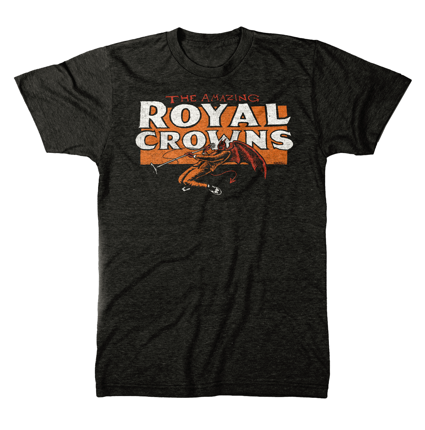 Black t-shirt with 'The Amazing Royal Crowns' singing devil graphic design on a black background