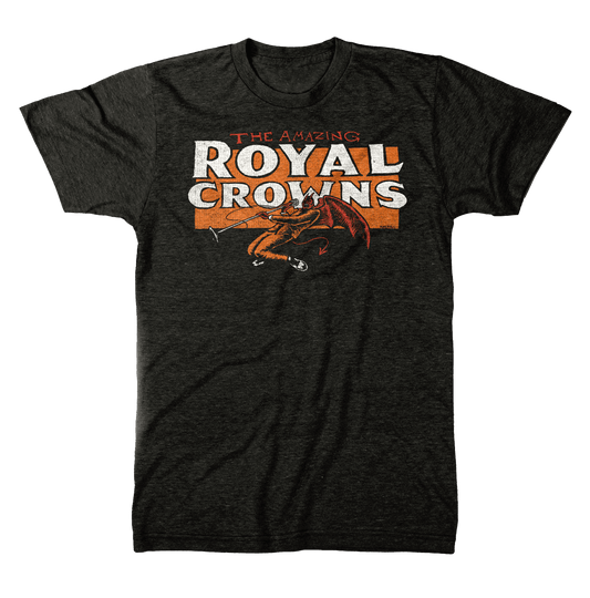 Black t-shirt with 'The Amazing Royal Crowns' singing devil graphic design on a black background