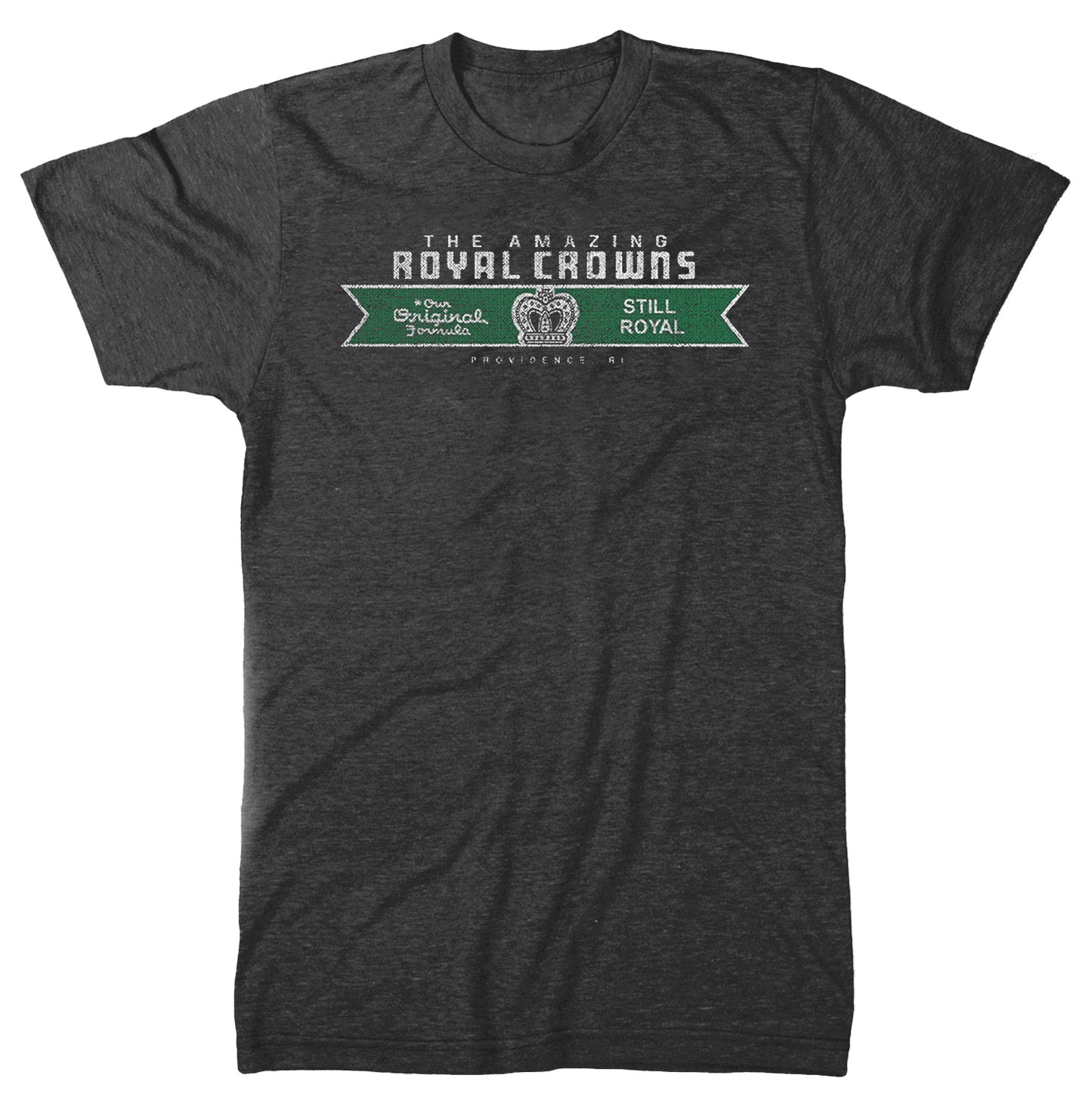 A dark grey short-sleeved t-shirt with 'Amazing Royal Crowns' and 'STILL ROYAL' text on the front.
