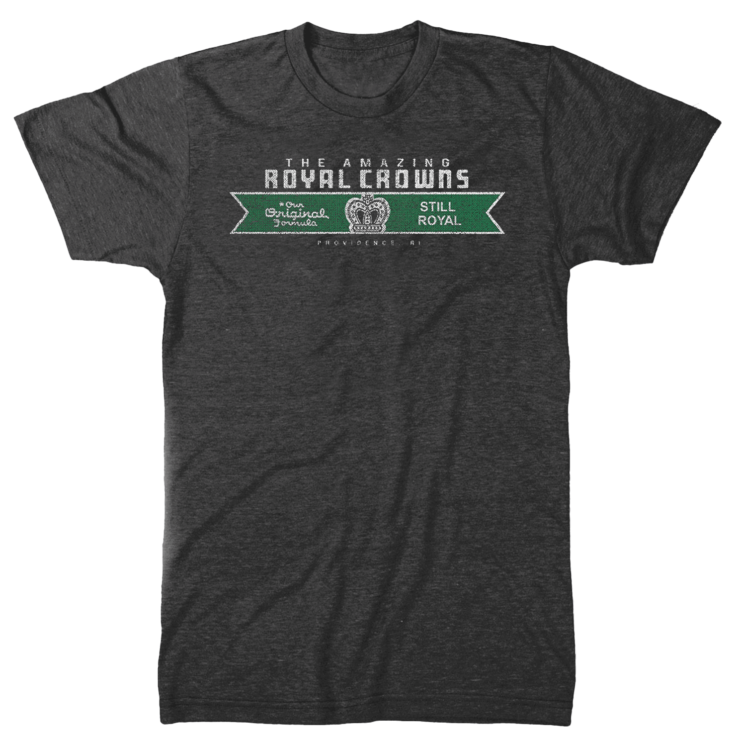 A dark grey short-sleeved t-shirt with 'Amazing Royal Crowns' and 'STILL ROYAL' text on the front.