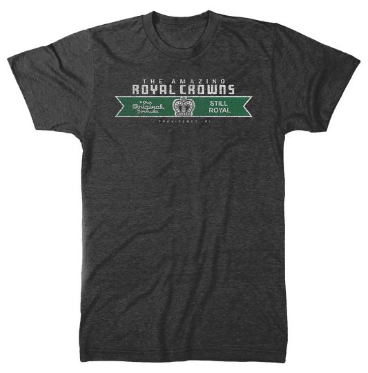 A dark grey short-sleeved t-shirt with 'Amazing Royal Crowns' and 'STILL ROYAL' text on the front.